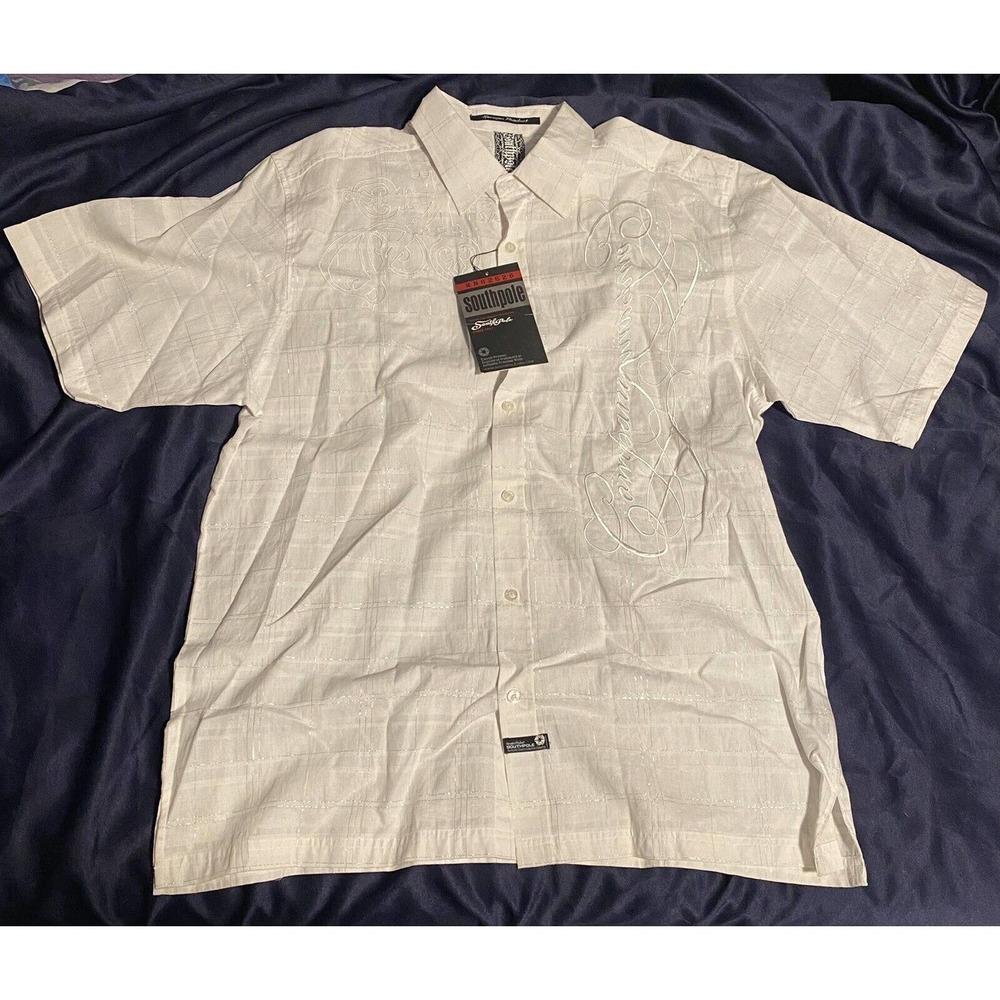 NWT Southpole Men’s XL Short Sleeve Button Up Shirt White Silver Embroidered